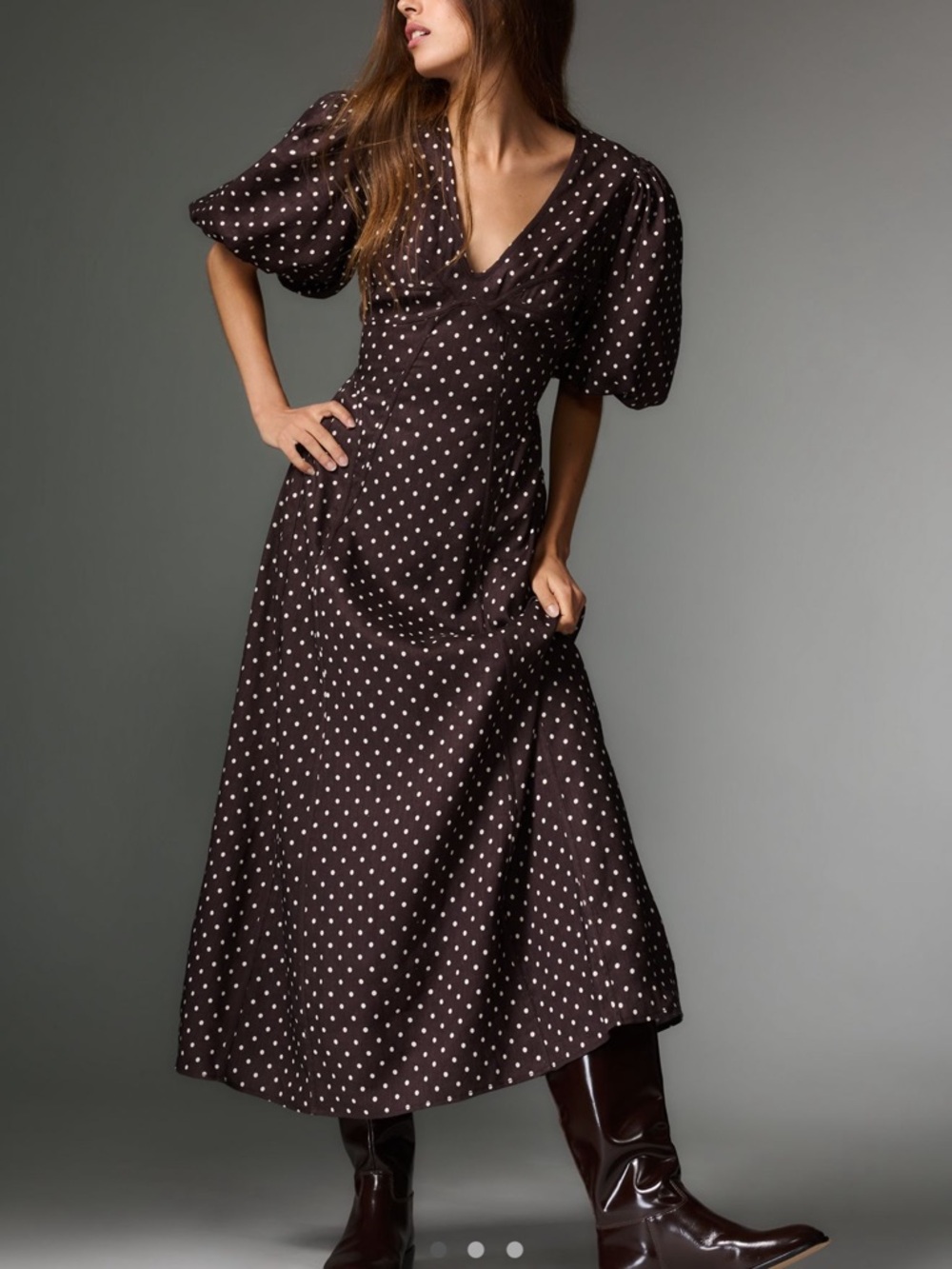 Lovaan Brown Polka Dot V-Neck Midi Dress